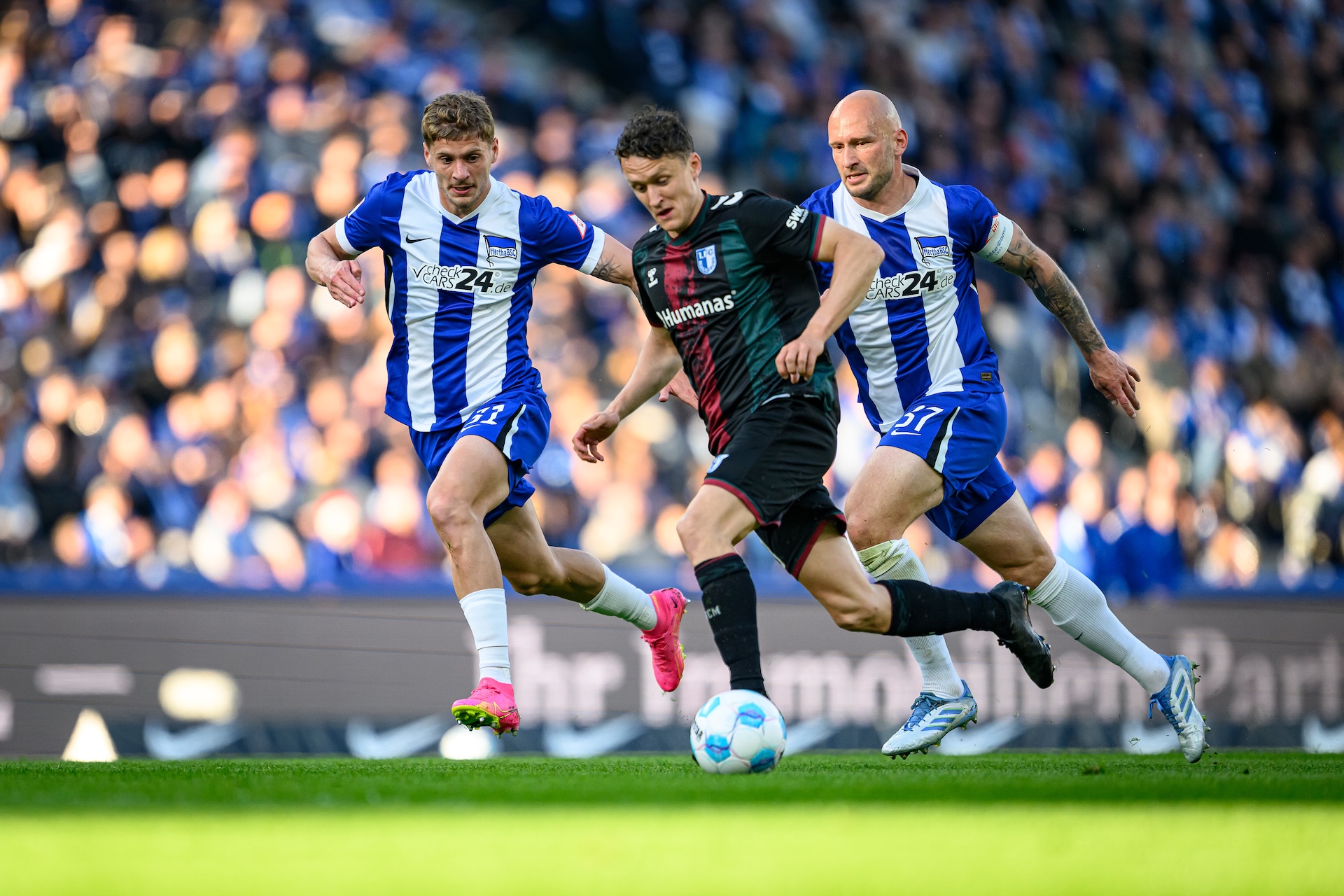 Martijn Kaars (Mitte) gegen Toni Leistner (rechts) und Marton Dardai
