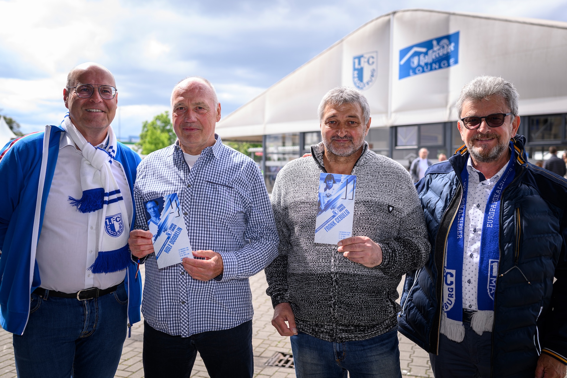 Von links: FCM-Präsident Dr. Jörg Biastoch, Rolf Döbbelin, Frank Cebulla und FCM-Ehrenpräsident Peter Fechner