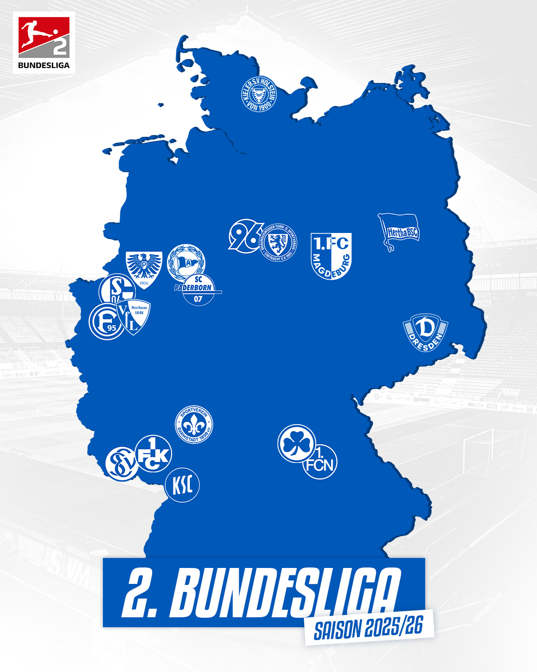 Die Landkarte der 2. Bundesliga 2025/26.